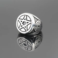 Vintage stainless steel inverted pentagram ring with antique silver finish and relief texture - US 7 / Silver