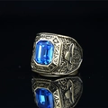 Retro titanium steel ring in antique gold finish featuring a blue rectangle gemstone - Gold Blue