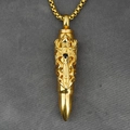 Golden bullet pendant necklace with embossed patterns and a black gem on box chain - Black Rhinestone Gold With Box Chain