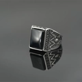 Vintage stainless steel ring for men with rectangular black onyx stone and Greek fret patterns - US 7 / Black Gem Ring