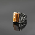 Vintage titanium steel men's ring with rectangular tiger eye stone and Greek key engraving - US 7 / Yellow Gem Ring