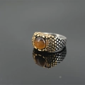 Retro two-tone stainless steel ring for men with tiger eye stone and textured band - Number 7 / Tiger's Eye