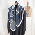 Elegant faux silk twill scarf with abstract geometric floral print in deep blue and white - 90x90cm / Blue