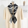 Elegant silk-like square scarf with black and white abstract floral print on beige knit top - 90x90cm / Black