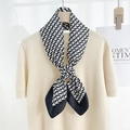 Retro V-letter print square silk scarf with black border and elegant satin finish - Natural With Black Edge