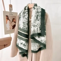 Vintage forest green floral large scarf shawl with fringe details on beige coat - 130x130cm / Green