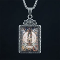 Vintage silver-tone Tibetan Thangka Buddha necklace featuring a colorful protective deity icon - Avalokitesvara (Rat) / Pendant And Chain / Silver