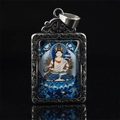 Titanium steel rectangle Buddhist pendant with blue Thangka Bodhisattva art and scroll carvings - Akasagarbha (Tiger) / Pendant Only (Without Chain) / Silver