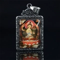 Thangka Buddhist deity pendant in vintage silver finish with colorful Thangka art icon - Manjushri (Rabbit) / Pendant Only (Without Chain) / Silver