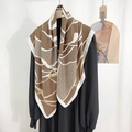 Caramel silk-like twill square scarf with abstract waves and geometric patterns - 90x90cm / Khaki