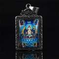 Chinese Thangka style Bodhisattva pendant in silver frame with blue lotus art - Mahasthamaprapta (Horse) / Pendant Only (Without Chain) / Silver