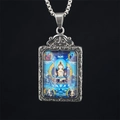 Titanium steel necklace featuring a blue Thangka Buddha pendant with silver scrollwork - Mahasthamaprapta (Horse) / Pendant And Chain / Silver