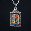 Silver stainless steel rectangular necklace with colorful Buddhist deity painting pendant - Acala (Rooster) / Pendant And Chain / Silver