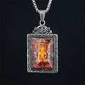 Thangka Buddhist deity rectangle pendant necklace in silver stainless steel finish - Amitabha (Dog Pig) / Pendant And Chain / Silver