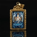 Titanium steel Thangka Buddha pendant with gold scrollwork frame and colorful deity art - Akasagarbha (Tiger) / Pendant Only (Without Chain) / Gold