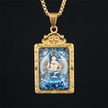 Gold Tangka Buddha necklace featuring a colorful Bodhisattva pendant on a black background - Akasagarbha (Tiger) / Pendant And Chain / Gold