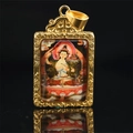 Golden Thangka pendant necklace with intricate scrollwork relief and colorful Buddha image - Manjushri (Rabbit) / Pendant Only (Without Chain) / Gold