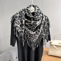Classic leopard print scarf in black and grey with long fringes and cashmere feel - 100x100cm / Off-White And Black Leopard