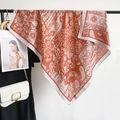 Elegant rust red paisley silk scarf with vintage floral patterns and fringe edge details - 90x90cm / Orange