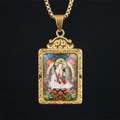 Golden rectangular Thangka Buddha pendant necklace with intricate floral relief on box chain - Samantabhadra (Dragon Snake) / Pendant And Chain / Gold