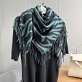 Zebra print shawl in black and teal green with fringe, soft cashmere-like texture - 100x100cm / Grey And Blue Zebra