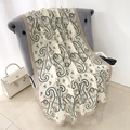 Elegant off-white linen scarf with green paisley print and brown contrast border - White (LM394-3)