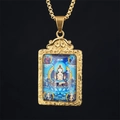 Golden Thangka pendant necklace with vintage floral relief and Buddhist icon art - Mahasthamaprapta (Horse) / Pendant And Chain / Gold