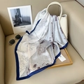 Elegant grey floral silk scarf with polka dots and navy border draped on white bag - 70*70cm / Dark Blue Border