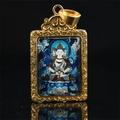 Golden titanium steel Buddhist pendant with intricate engravings and colored deity artwork - Vairocana (Goat Monkey) / Pendant Only (Without Chain) / Gold