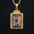 Thangka Buddhist deity gold necklace with colorful rectangular pendant and dragon relief - Acala (Rooster) / Pendant And Chain / Gold