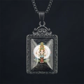 Matte black stainless steel Thangka necklace with rectangular Buddha pendant and chain - Avalokitesvara (Rat) / Pendant And Chain / Black