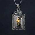 Vintage Thangka Buddha pendant necklace in antique silver with detailed cloud engraving - Manjushri (Rabbit) / Pendant And Chain / Black