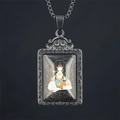 Vintage black titanium steel Thangka necklace featuring guardian deity and white lion imagery - Samantabhadra (Dragon Snake) / Pendant And Chain / Black
