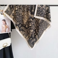 Elegant black and beige paisley floral print square scarf with vintage silk texture - 90x90cm / Black