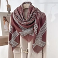 Retro burgundy square scarf with white geometric patterns and tassel edges for women - 130*130cm / 130CX97-2 Red