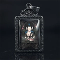Men's vintage black Buddhist pendant with intricate silver relief and colorful deity imagery - Vairocana (Goat Monkey) / Pendant Only (Without Chain) / Black
