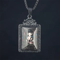 Buddhist thangka pendant necklace with vintage rectangle frame and four-armed Avalokitesvara - Vairocana (Goat Monkey) / Pendant And Chain / Black