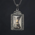 Buddhist deity square pendant necklace with grey metal frame and scrollwork engraving - Amitabha (Dog Pig) / Pendant And Chain / Black
