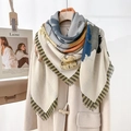 Floral print scarf with tassel edge and colored geometric patterns on cream base - Grey/White
