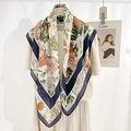 Pastel floral print square scarf with dark blue border on cream knit background - Dark Blue (90RZW24-1) / 90x90cm