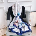 Elegant white silk shawl with nautical navy sailboat pattern and fashion accessories - 180x90cm / Voyage Path (XSD04)