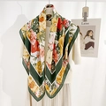 Floral print square scarf with warm blossoms and dark green border on knitwear - Green (90RZW24-2) / 90x90cm