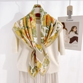 Floral print square silk scarf in yellow and green tones for elegant styling - Yellow (90RZW24-3) / 90x90cm