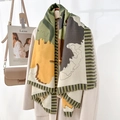Elegant mustard yellow and green abstract pattern oversized scarf with short fringe details - Green