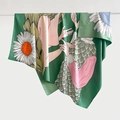 Deep green square silk scarf featuring modern female figure and daisy flower prints - Standard / Green