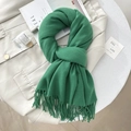 Soft dark green faux cashmere scarf with tassels styled on a light beige blazer coat - 65*200cm / Green