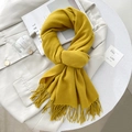 Bright yellow cashmere-like scarf with fringe detail over a blazer for winter - 65*200cm / Turmeric