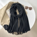 Elegant solid black cashmere-feel winter scarf with long tassels for women - 65*200cm / Black