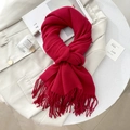 Luxurious red cashmere-feel knitted scarf with fringe tassels on beige blazer - 65*200cm / Dark Red