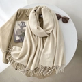 Elegant cream white tassel scarf with knitted texture styled on a brown blazer - 65*200cm / Off-white